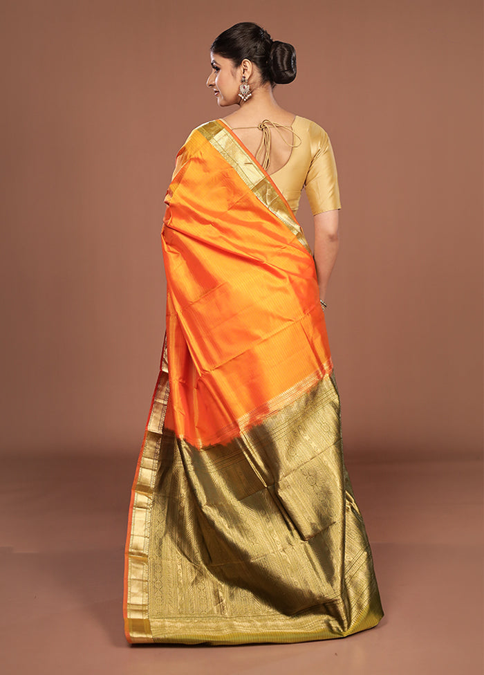 Orange Handloom Kanjivaram Pure Silk Saree With Blouse Piece