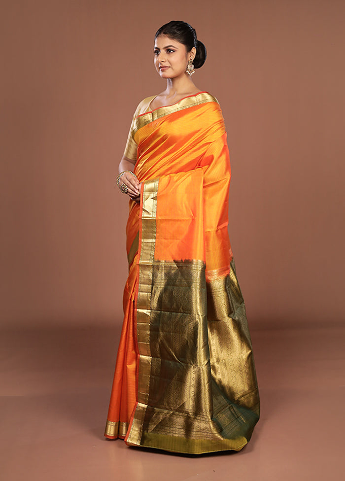 Orange Handloom Kanjivaram Pure Silk Saree With Blouse Piece
