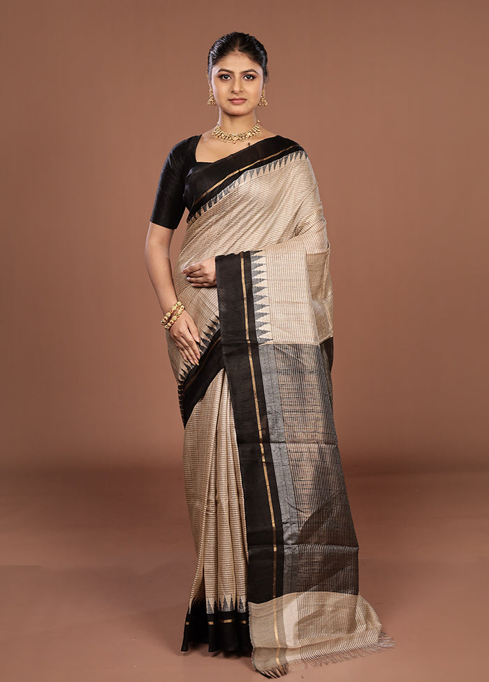 Cream Handloom Tussar Pure Silk Saree With Blouse Piece