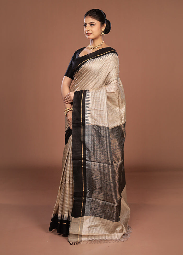 Cream Handloom Tussar Pure Silk Saree With Blouse Piece