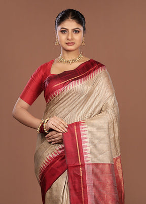 Cream Handloom Tussar Pure Silk Saree With Blouse Piece