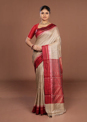 Cream Handloom Tussar Pure Silk Saree With Blouse Piece