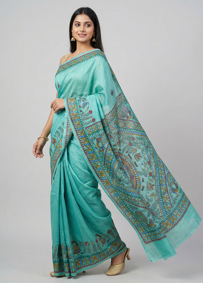 Green Handloom Tussar Pure Silk Saree With Blouse Piece