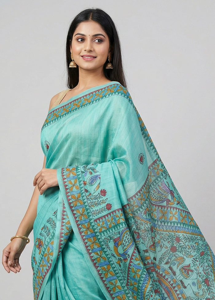 Green Handloom Tussar Pure Silk Saree With Blouse Piece