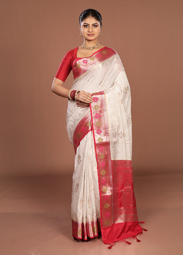 White Dupion Silk Saree With Blouse Piece