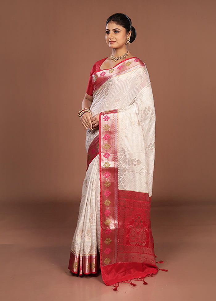 White Dupion Silk Saree With Blouse Piece