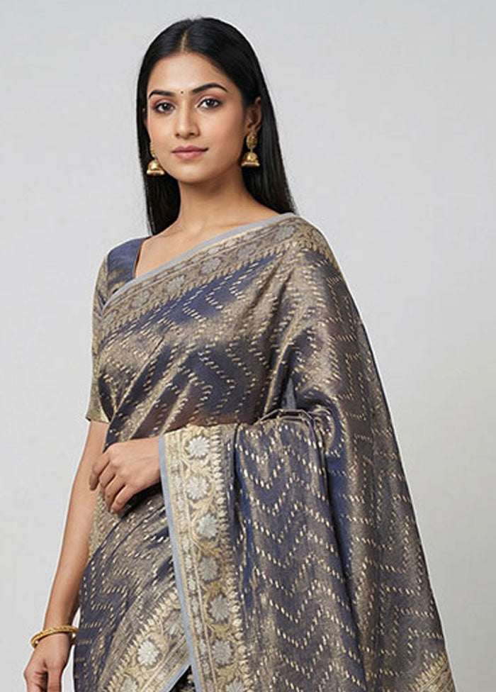 Blue Tissue Silk Saree With Blouse Piece