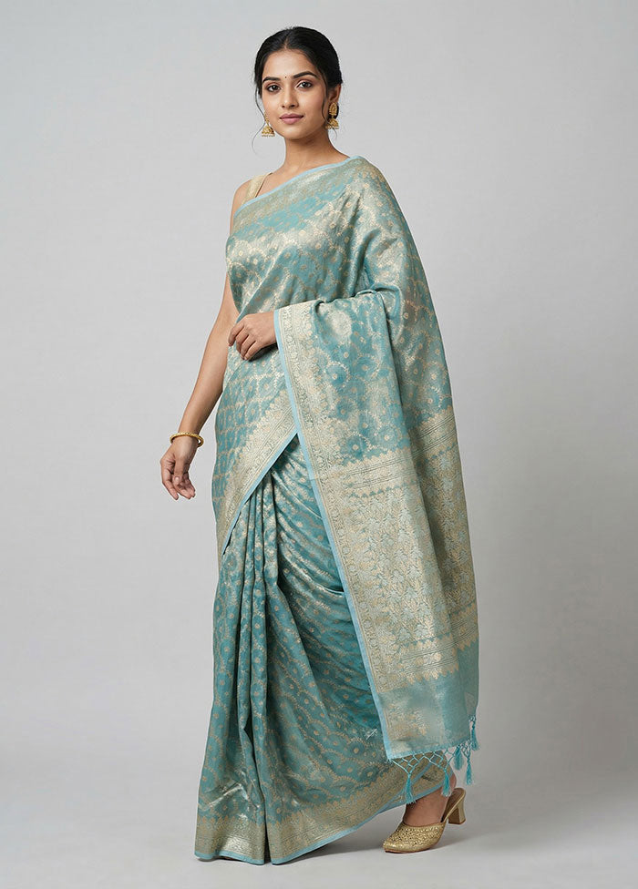 Blue Tissue Silk Saree With Blouse Piece