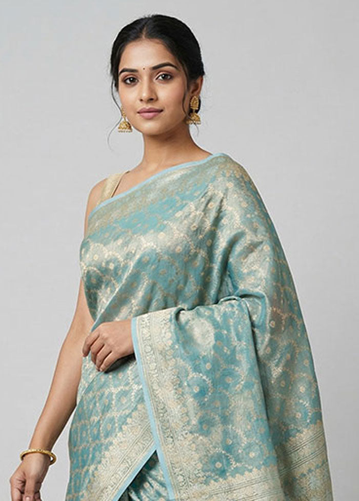 Blue Tissue Silk Saree With Blouse Piece