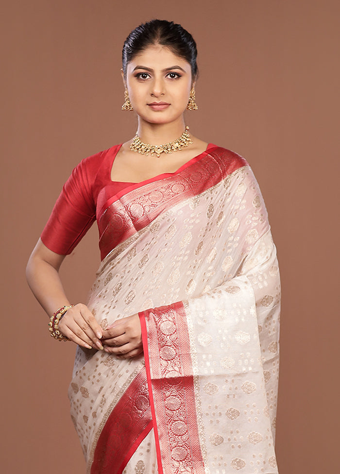 White Dupion Silk Saree With Blouse Piece
