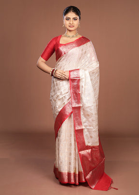 White Dupion Silk Saree With Blouse Piece