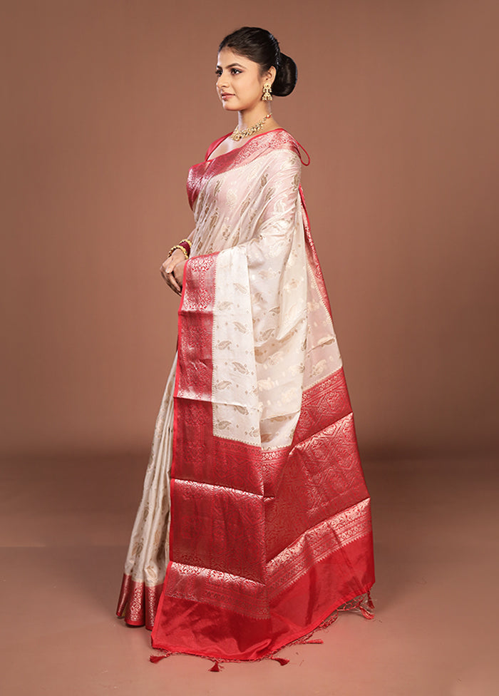 White Dupion Silk Saree With Blouse Piece