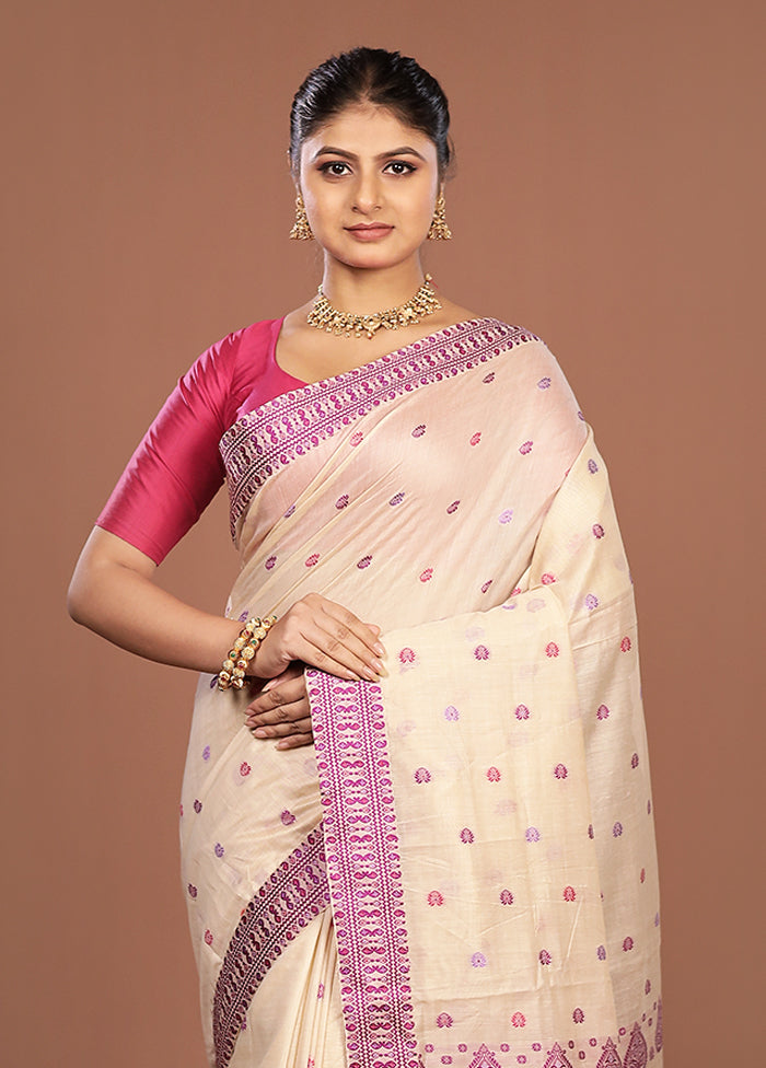 Cream Assam Silk Saree With Blouse Piece