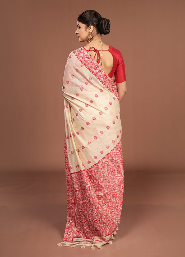 Cream Assam Silk Saree With Blouse Piece