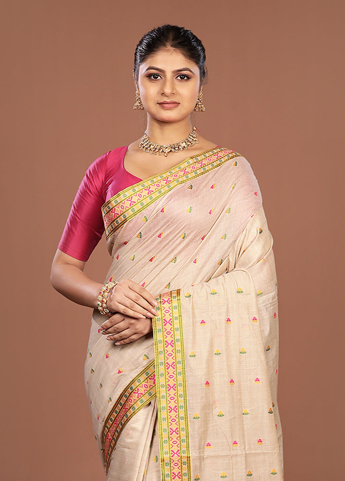 Cream Assam Silk Saree With Blouse Piece