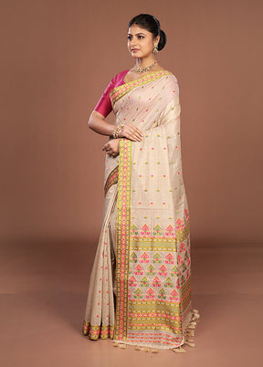 Cream Assam Silk Saree With Blouse Piece