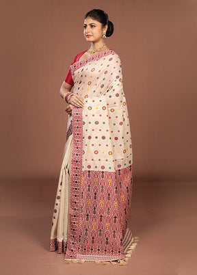 Cream Assam Silk Saree With Blouse Piece