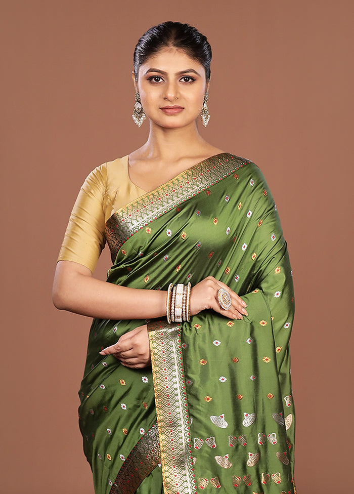 Green Assam Silk Saree With Blouse Piece