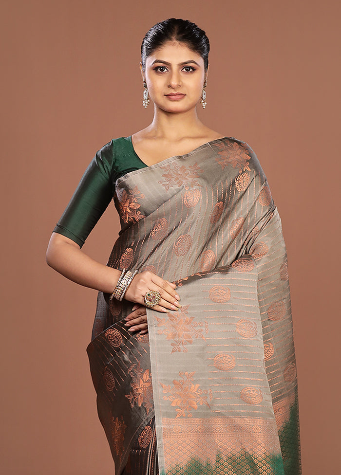 Grey Kanjivaram Silk Saree With Blouse Piece