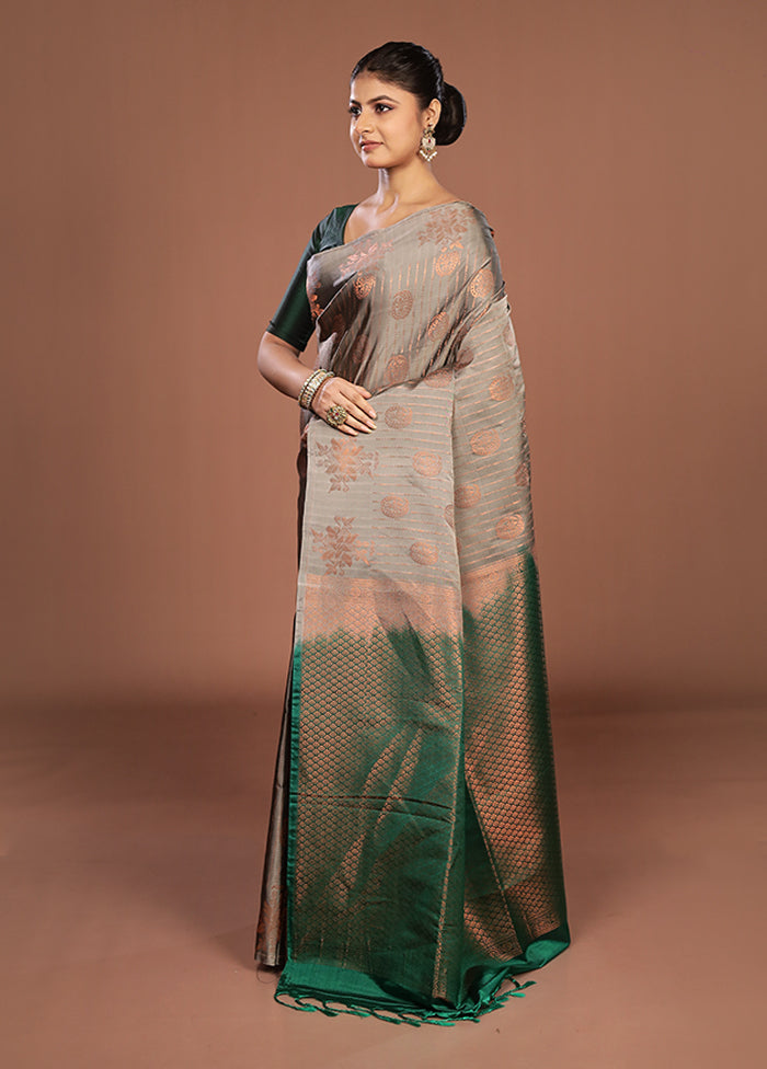 Grey Kanjivaram Silk Saree With Blouse Piece