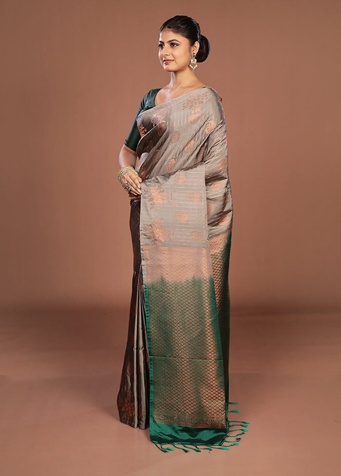 Grey Kanjivaram Silk Saree With Blouse Piece