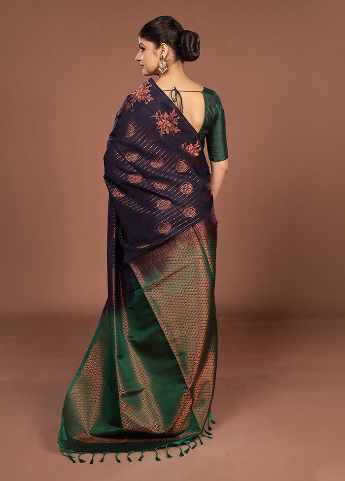 Blue Kanjivaram Silk Saree With Blouse Piece