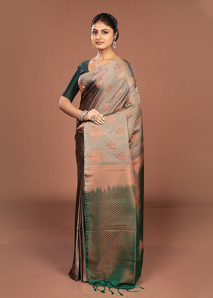 Grey Kanjivaram Silk Saree With Blouse Piece