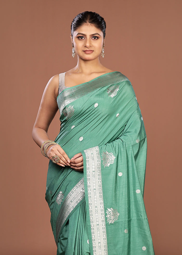 Green Dupion Silk Saree With Blouse Piece