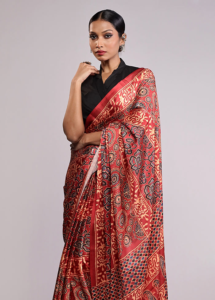 Maroon Printed Silk Saree With Blouse Piece