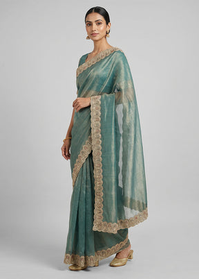 Green Crushed Tissue Saree With Blouse Piece