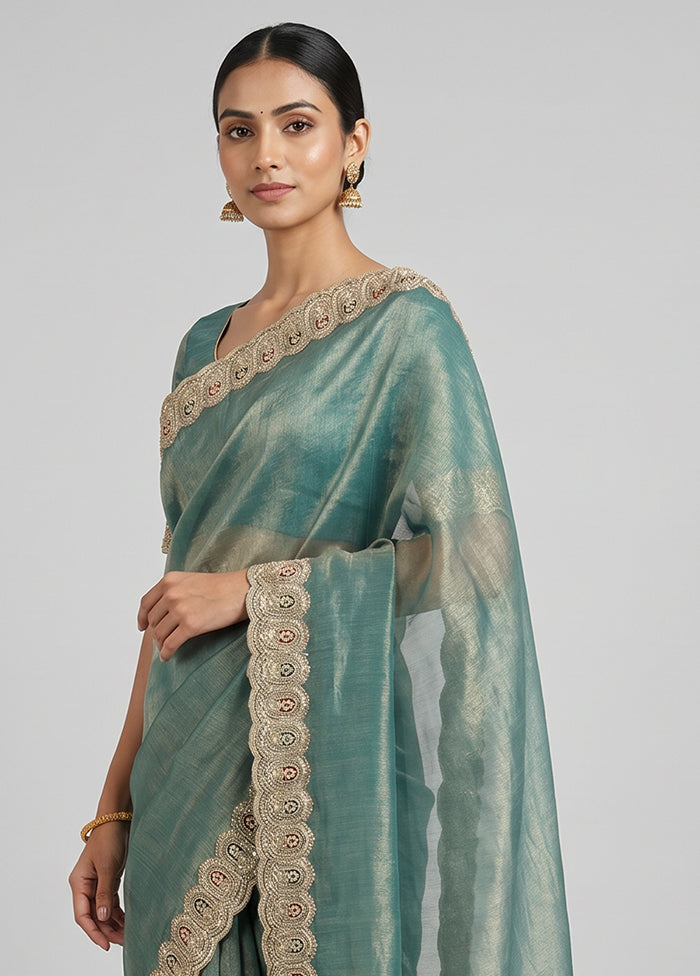 Green Crushed Tissue Saree With Blouse Piece
