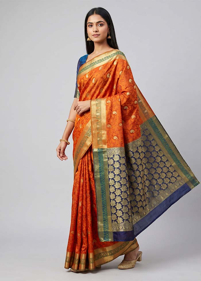 Rust Kanjivaram Silk Saree With Blouse Piece