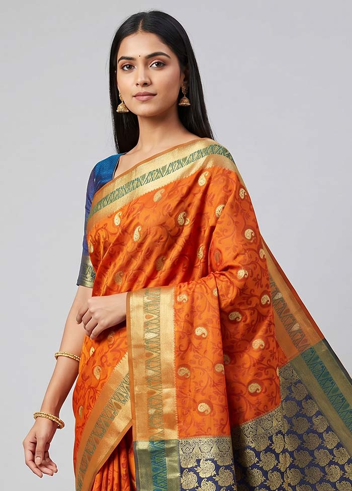 Rust Kanjivaram Silk Saree With Blouse Piece