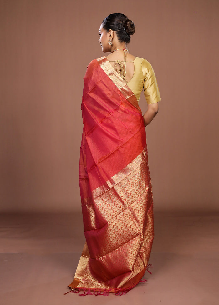 Pink Handloom Kanjivaram Pure Silk Saree With Blouse Piece