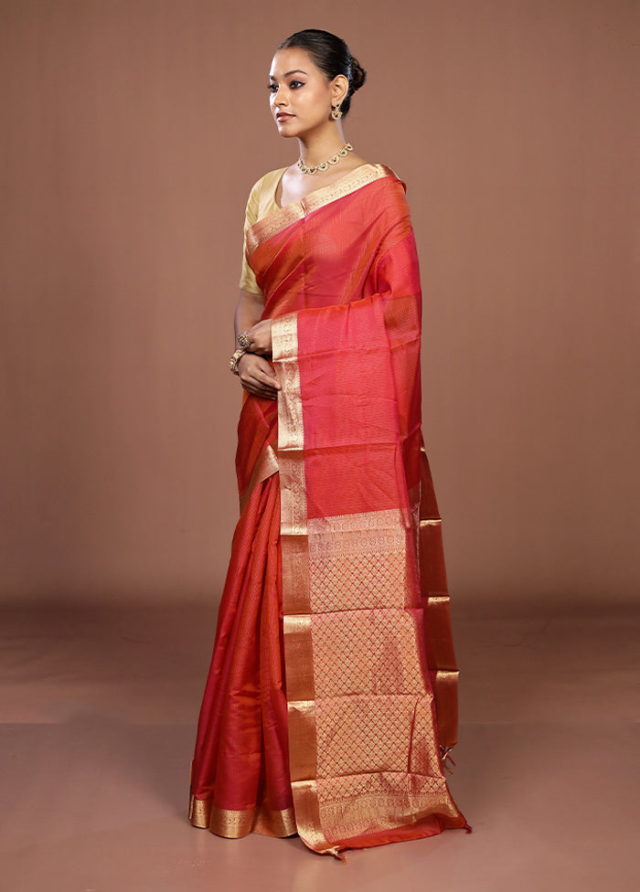 Pink Handloom Kanjivaram Pure Silk Saree With Blouse Piece