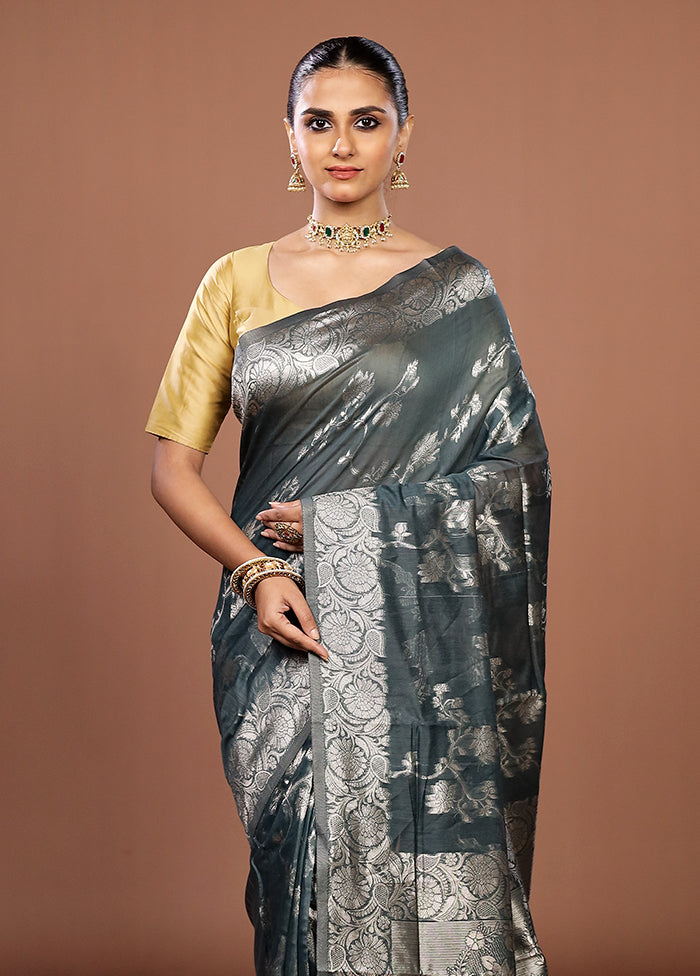 Blue Dupion Silk Saree With Blouse Piece