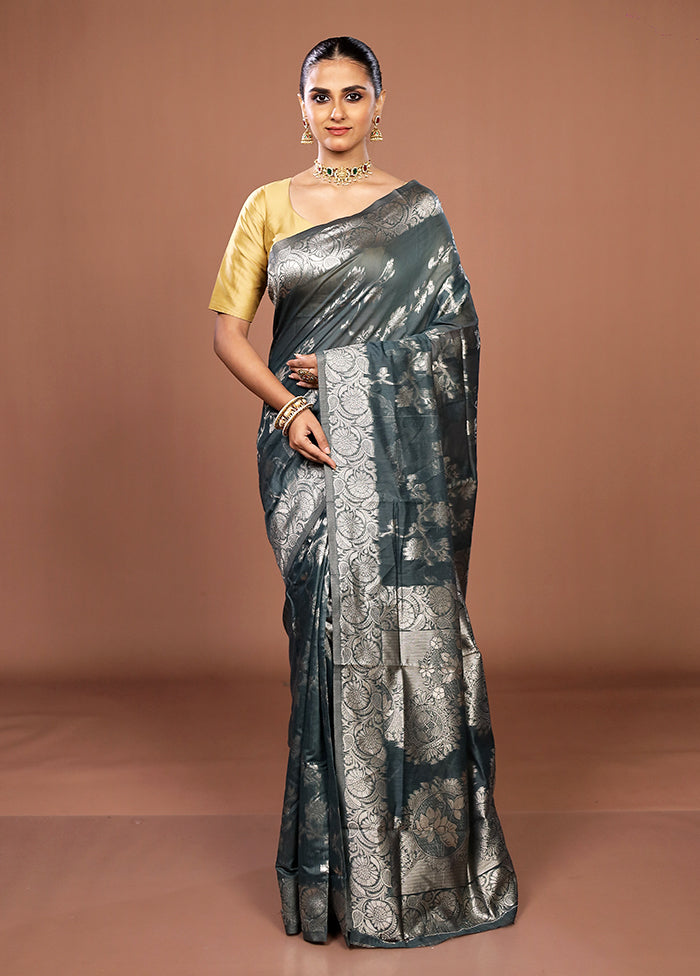 Blue Dupion Silk Saree With Blouse Piece