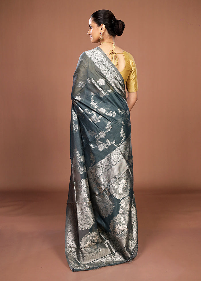 Blue Dupion Silk Saree With Blouse Piece