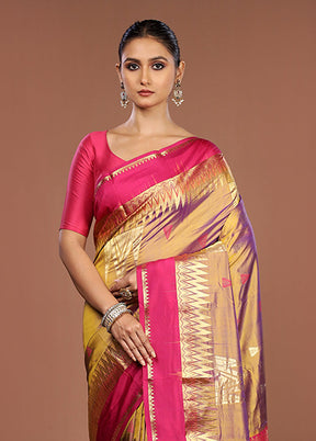 Purple Handloom Kanjivaram Pure Silk Saree With Blouse Piece