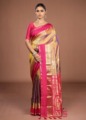 Purple Handloom Kanjivaram Pure Silk Saree With Blouse Piece
