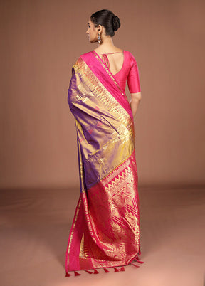 Purple Handloom Kanjivaram Pure Silk Saree With Blouse Piece