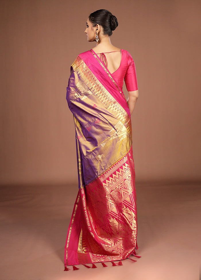Purple Handloom Kanjivaram Pure Silk Saree With Blouse Piece