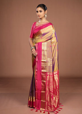 Purple Handloom Kanjivaram Pure Silk Saree With Blouse Piece