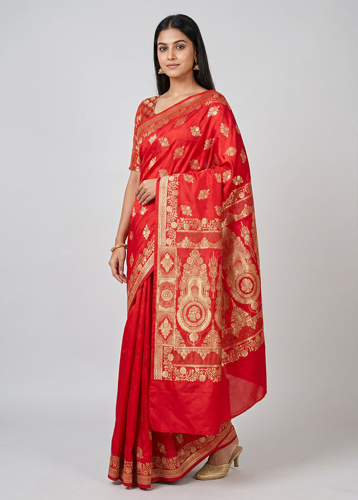 Red Banarasi Silk Saree With Blouse Piece