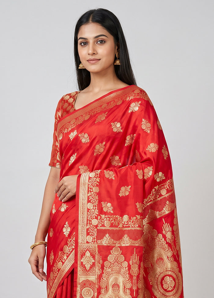 Red Banarasi Silk Saree With Blouse Piece