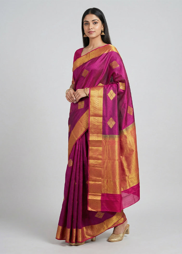 Purple Handloom Kanchipuram Pure Silk Saree With Blouse Piece
