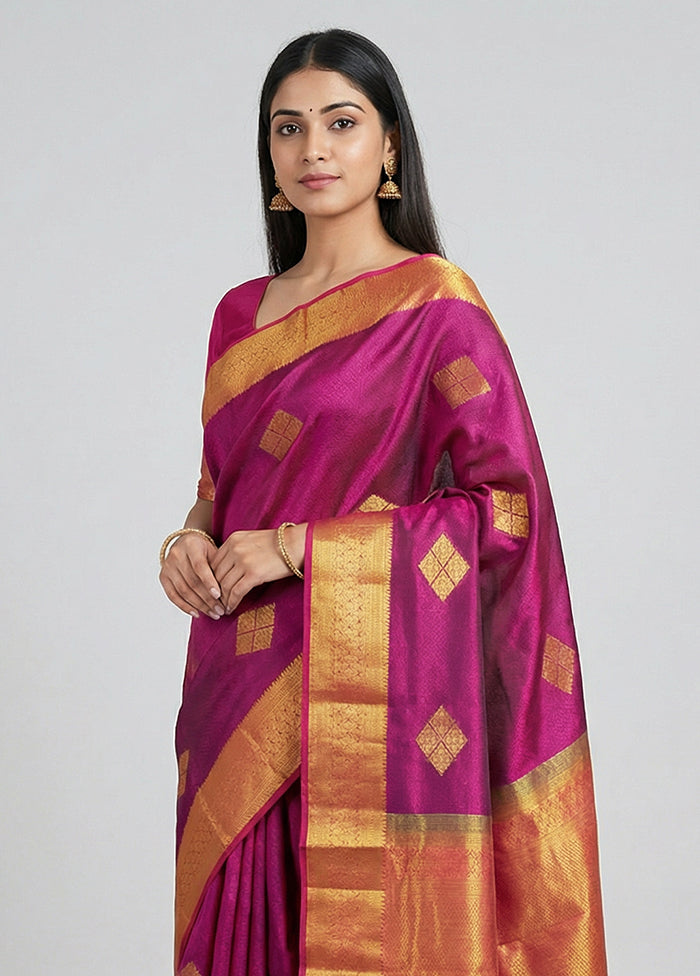 Purple Handloom Kanchipuram Pure Silk Saree With Blouse Piece