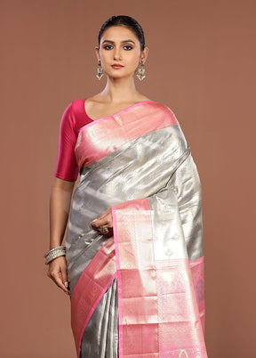 Grey Kanjivaram Silk Saree With Blouse Piece