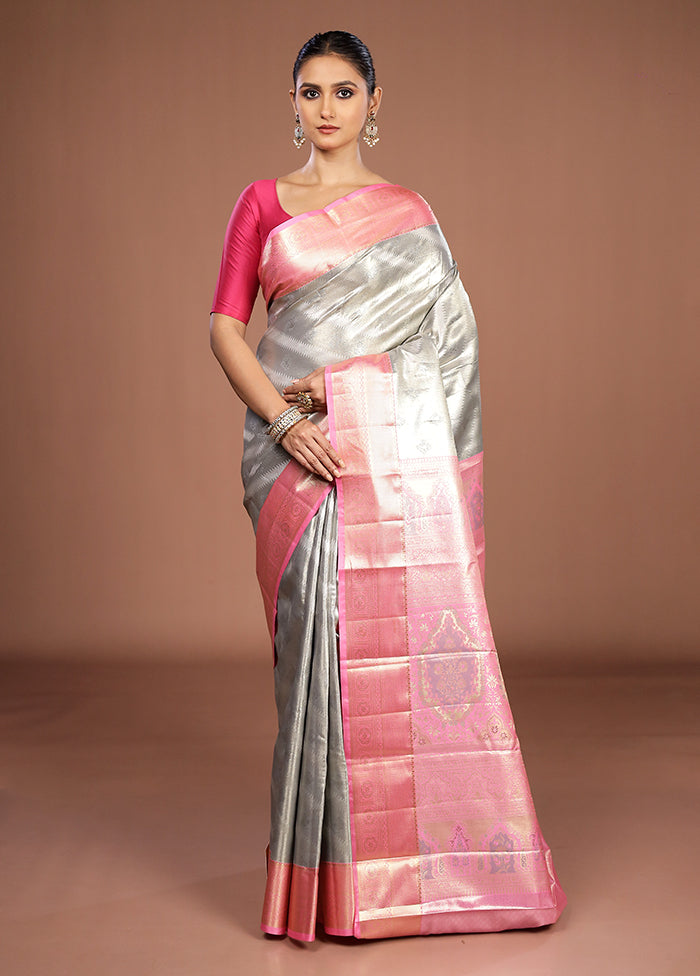 Grey Kanjivaram Silk Saree With Blouse Piece