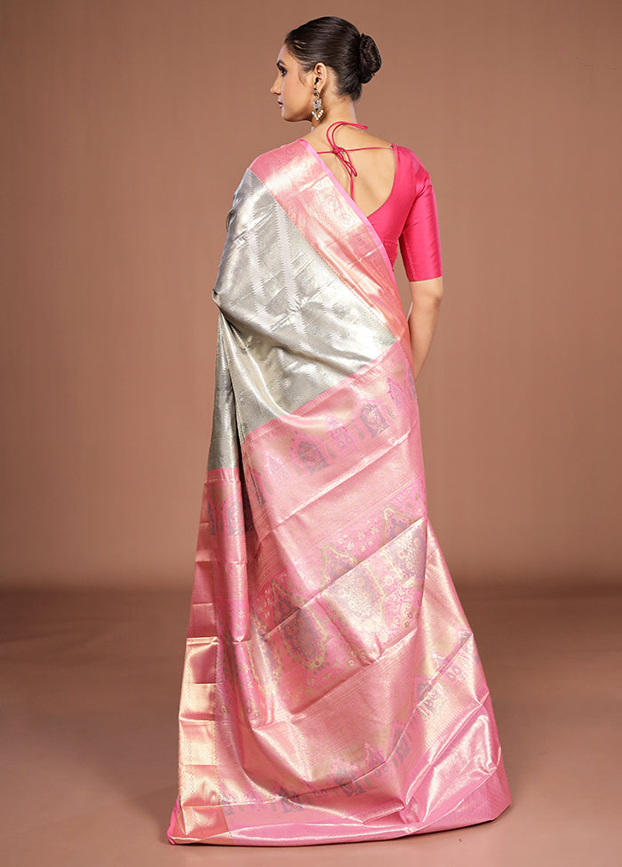 Grey Kanjivaram Silk Saree With Blouse Piece